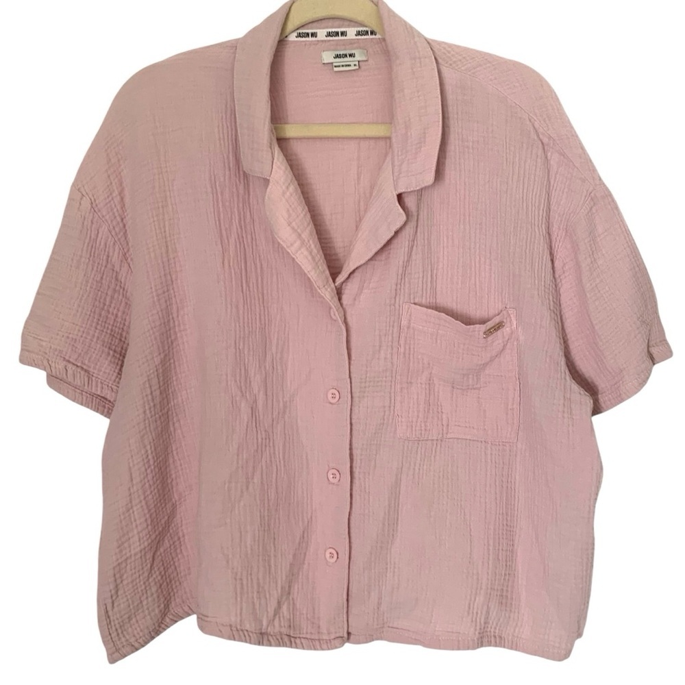 Jason Wu XL Baby Pink Gauze Cotton Front Cropped Summer Casual Breathable Top